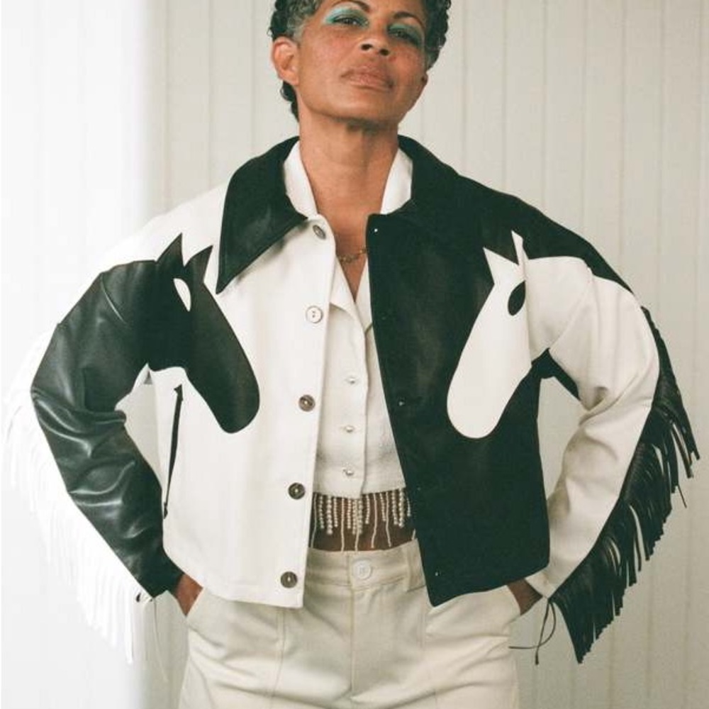FASHION BRAND COMPANY dueling horses faux leather fringe jacket